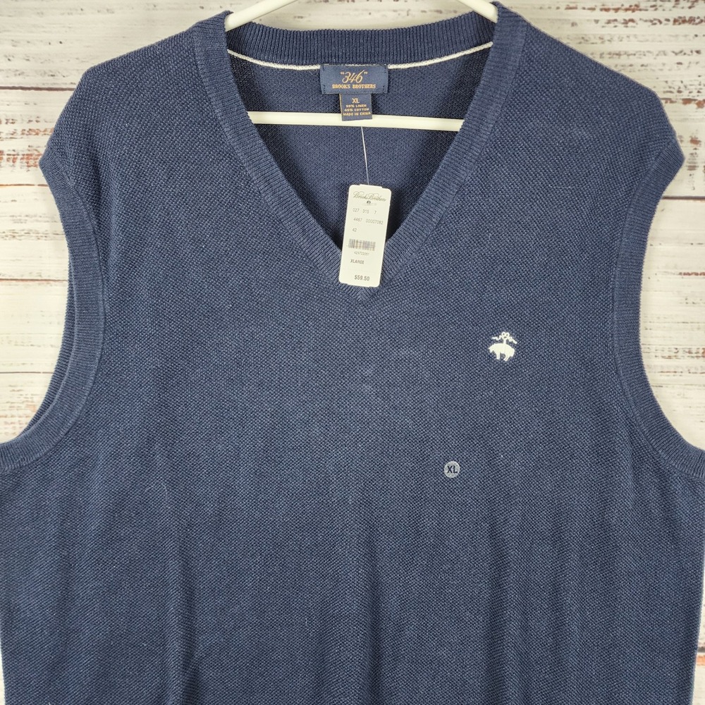 NWT Brooks Brothers 346 Sweater Vest XL Regular Navy Blue Linen Cotton V-Neck